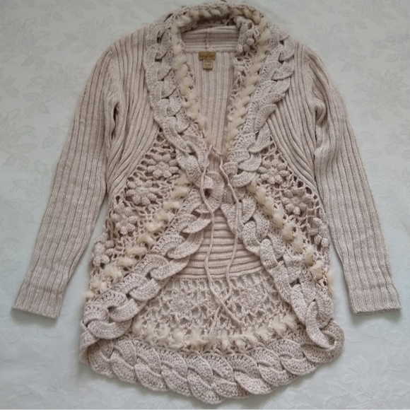 Midnight Velvet Sweaters - Faux fur wool cocoon shawl collar curved hem pointelle crochet floral cardigan